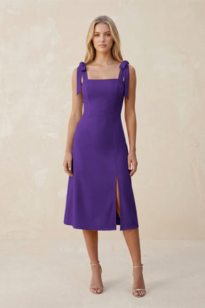 Square Neck A - Line Satin Midi Bridesmaid Dress With Bow in Amethyst - KISS BRIDAL Bridesmaid Dresses