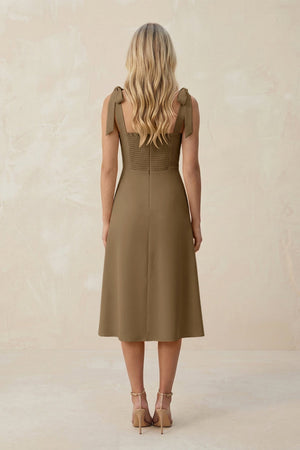 Square Neck A - Line Satin Midi Bridesmaid Dress With Bow in Apple Cinnamon - KISS BRIDAL Bridesmaid Dresses