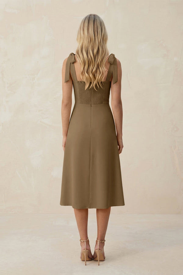 Square Neck A - Line Satin Midi Bridesmaid Dress With Bow in Apple Cinnamon - KISS BRIDAL Bridesmaid Dresses