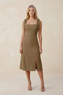 Square Neck A - Line Satin Midi Bridesmaid Dress With Bow in Apple Cinnamon - KISS BRIDAL Bridesmaid Dresses