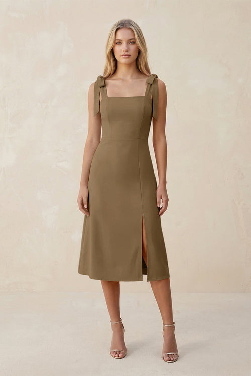 Square Neck A - Line Satin Midi Bridesmaid Dress With Bow in Apple Cinnamon - KISS BRIDAL Bridesmaid Dresses