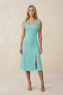 Square Neck A - Line Satin Midi Bridesmaid Dress With Bow in Aqua - KISS BRIDAL Bridesmaid Dresses