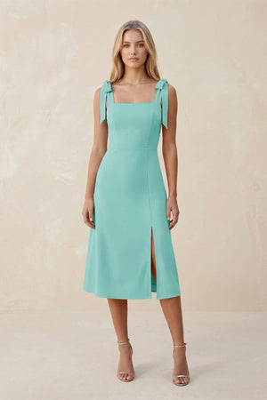 Square Neck A - Line Satin Midi Bridesmaid Dress With Bow in Aqua - KISS BRIDAL Bridesmaid Dresses