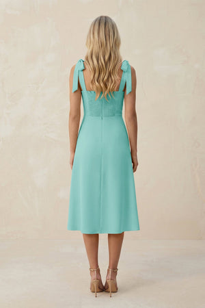 Square Neck A - Line Satin Midi Bridesmaid Dress With Bow in Aqua - KISS BRIDAL Bridesmaid Dresses