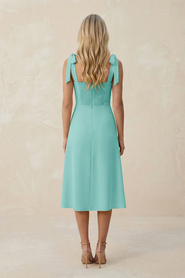 Square Neck A - Line Satin Midi Bridesmaid Dress With Bow in Aqua - KISS BRIDAL Bridesmaid Dresses