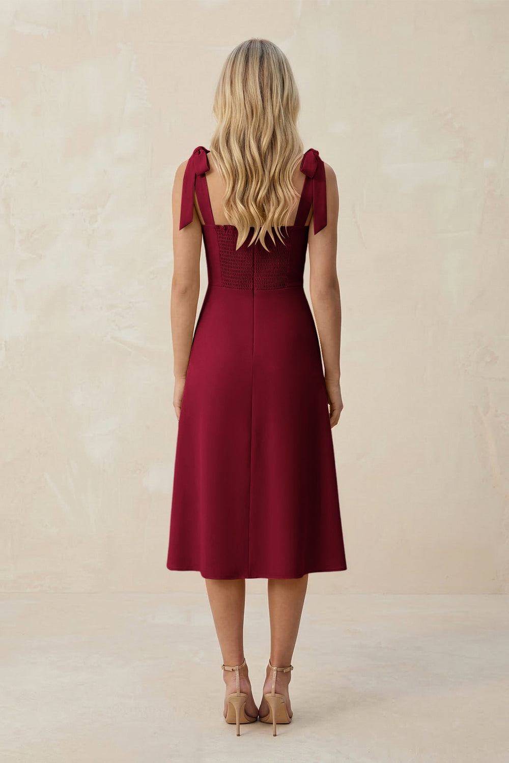 Square Neck A - Line Satin Midi Bridesmaid Dress With Bow in Berry - KISS BRIDAL Bridesmaid Dresses