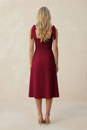 Square Neck A - Line Satin Midi Bridesmaid Dress With Bow in Berry - KISS BRIDAL Bridesmaid Dresses