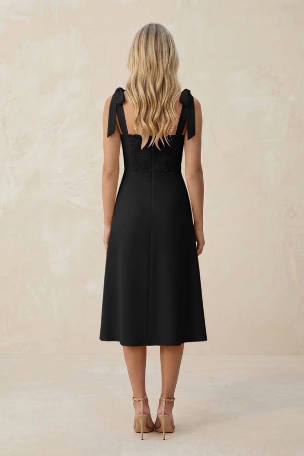 Square Neck A - Line Satin Midi Bridesmaid Dress With Bow in Black - KISS BRIDAL Bridesmaid Dresses