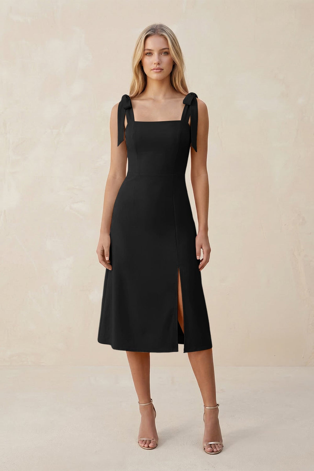 Square Neck A - Line Satin Midi Bridesmaid Dress With Bow in Black - KISS BRIDAL Bridesmaid Dresses