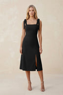 Square Neck A - Line Satin Midi Bridesmaid Dress With Bow in Black - KISS BRIDAL Bridesmaid Dresses