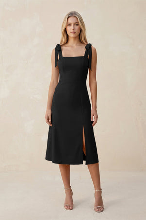 Square Neck A - Line Satin Midi Bridesmaid Dress With Bow in Black - KISS BRIDAL Bridesmaid Dresses