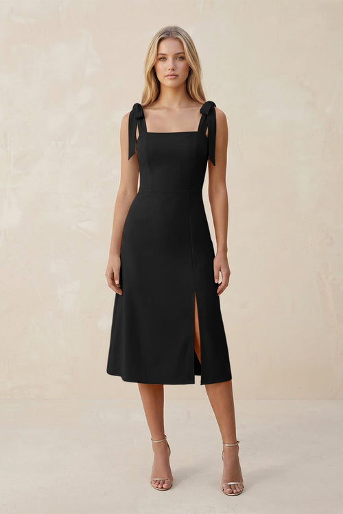 Square Neck A - Line Satin Midi Bridesmaid Dress With Bow in Black - KISS BRIDAL Bridesmaid Dresses