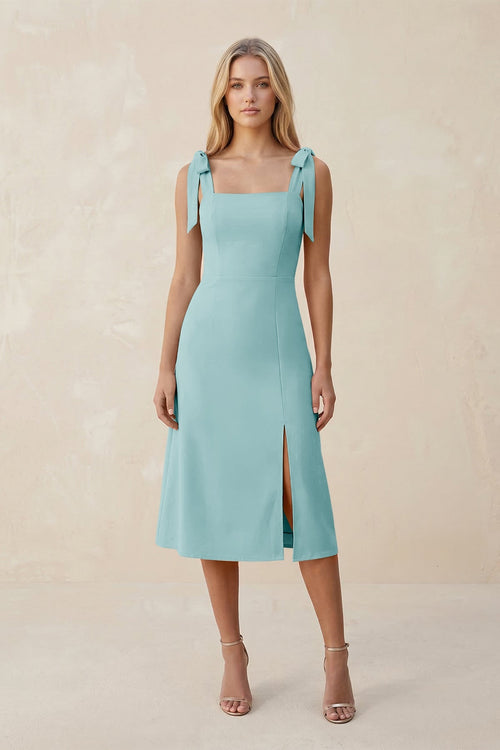 Square Neck A - Line Satin Midi Bridesmaid Dress With Bow in Bleached Aqua - KISS BRIDAL Bridesmaid Dresses