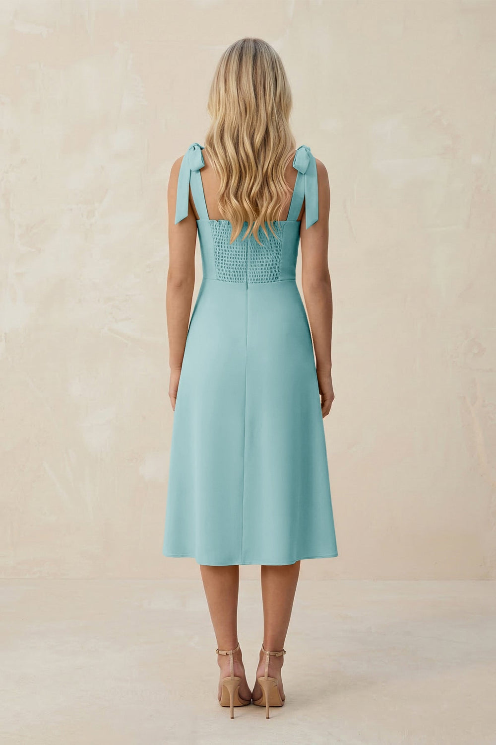 Square Neck A - Line Satin Midi Bridesmaid Dress With Bow in Bleached Aqua - KISS BRIDAL Bridesmaid Dresses
