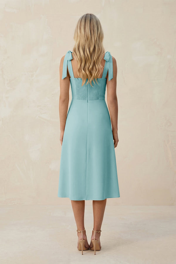 Square Neck A - Line Satin Midi Bridesmaid Dress With Bow in Bleached Aqua - KISS BRIDAL Bridesmaid Dresses