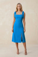 Square Neck A - Line Satin Midi Bridesmaid Dress With Bow in Blue Jay - KISS BRIDAL Bridesmaid Dresses