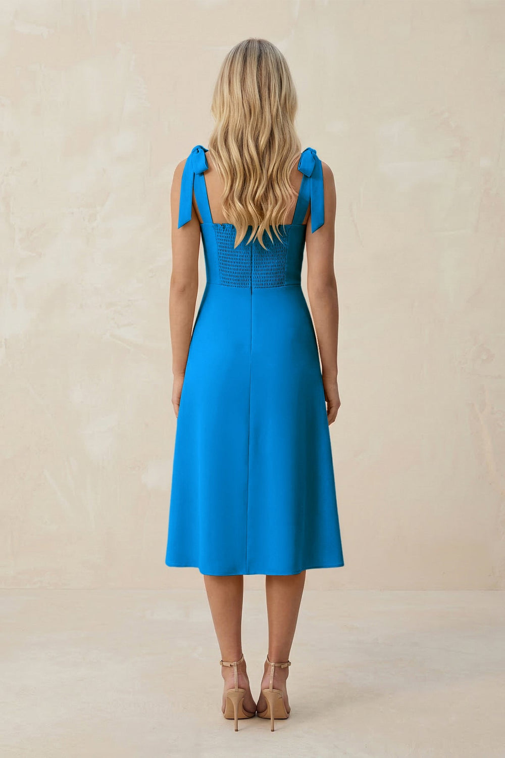Square Neck A - Line Satin Midi Bridesmaid Dress With Bow in Blue Jay - KISS BRIDAL Bridesmaid Dresses