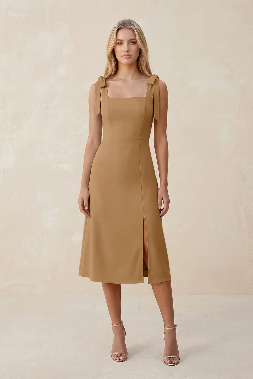 Square Neck A - Line Satin Midi Bridesmaid Dress With Bow in Bronzer - KISS BRIDAL Bridesmaid Dresses