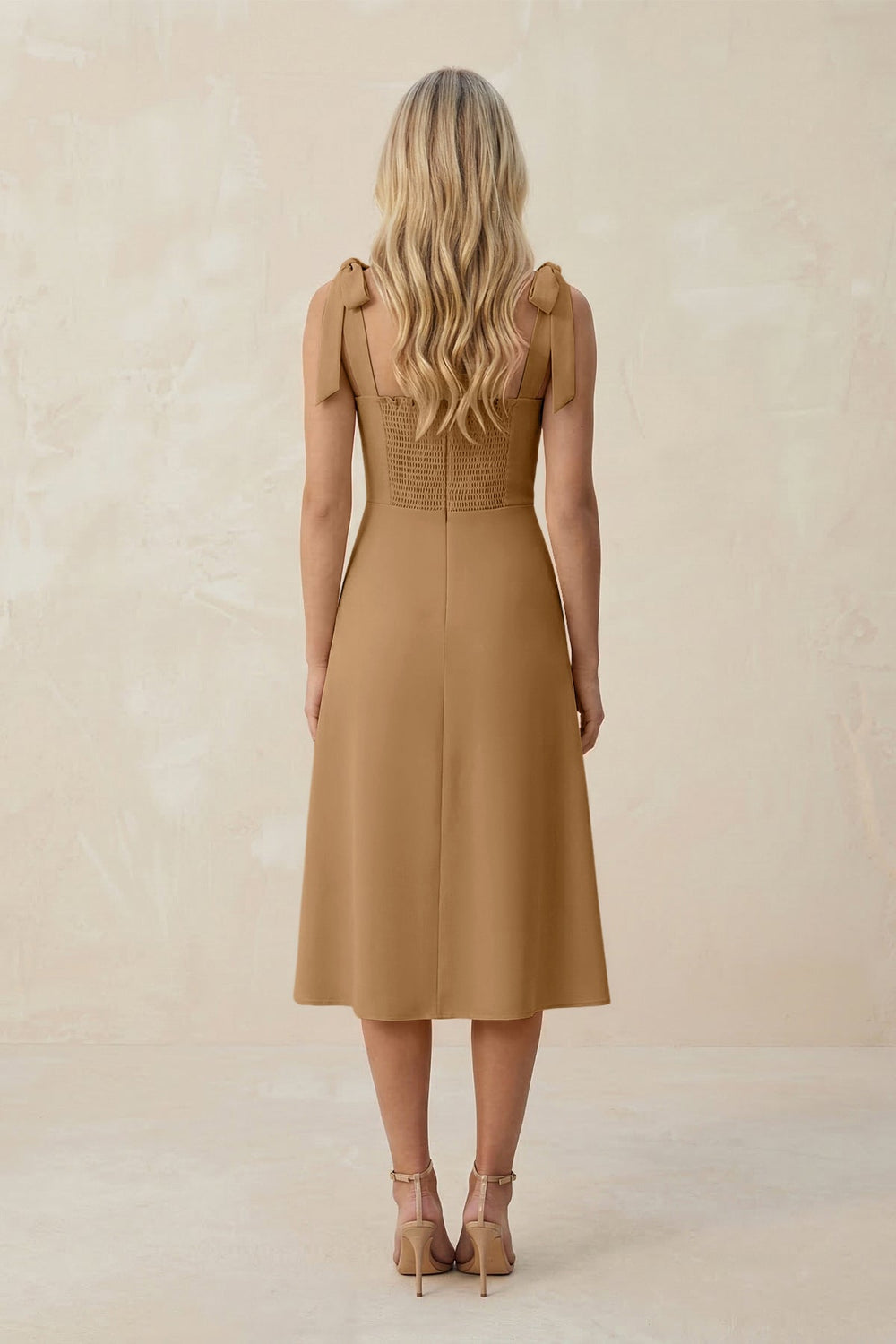 Square Neck A - Line Satin Midi Bridesmaid Dress With Bow in Bronzer - KISS BRIDAL Bridesmaid Dresses