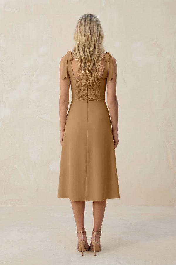 Square Neck A - Line Satin Midi Bridesmaid Dress With Bow in Bronzer - KISS BRIDAL Bridesmaid Dresses