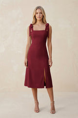 Square Neck A - Line Satin Midi Bridesmaid Dress With Bow in Burgundy - KISS BRIDAL Bridesmaid Dresses