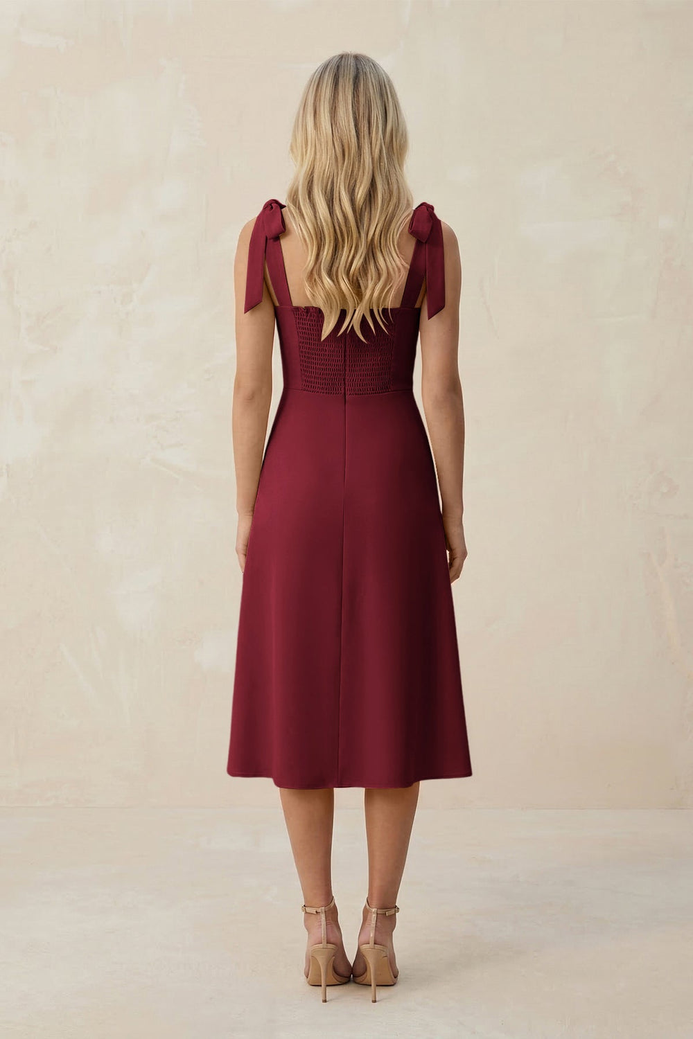 Square Neck A - Line Satin Midi Bridesmaid Dress With Bow in Burgundy - KISS BRIDAL Bridesmaid Dresses