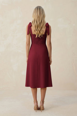 Square Neck A - Line Satin Midi Bridesmaid Dress With Bow in Burgundy - KISS BRIDAL Bridesmaid Dresses