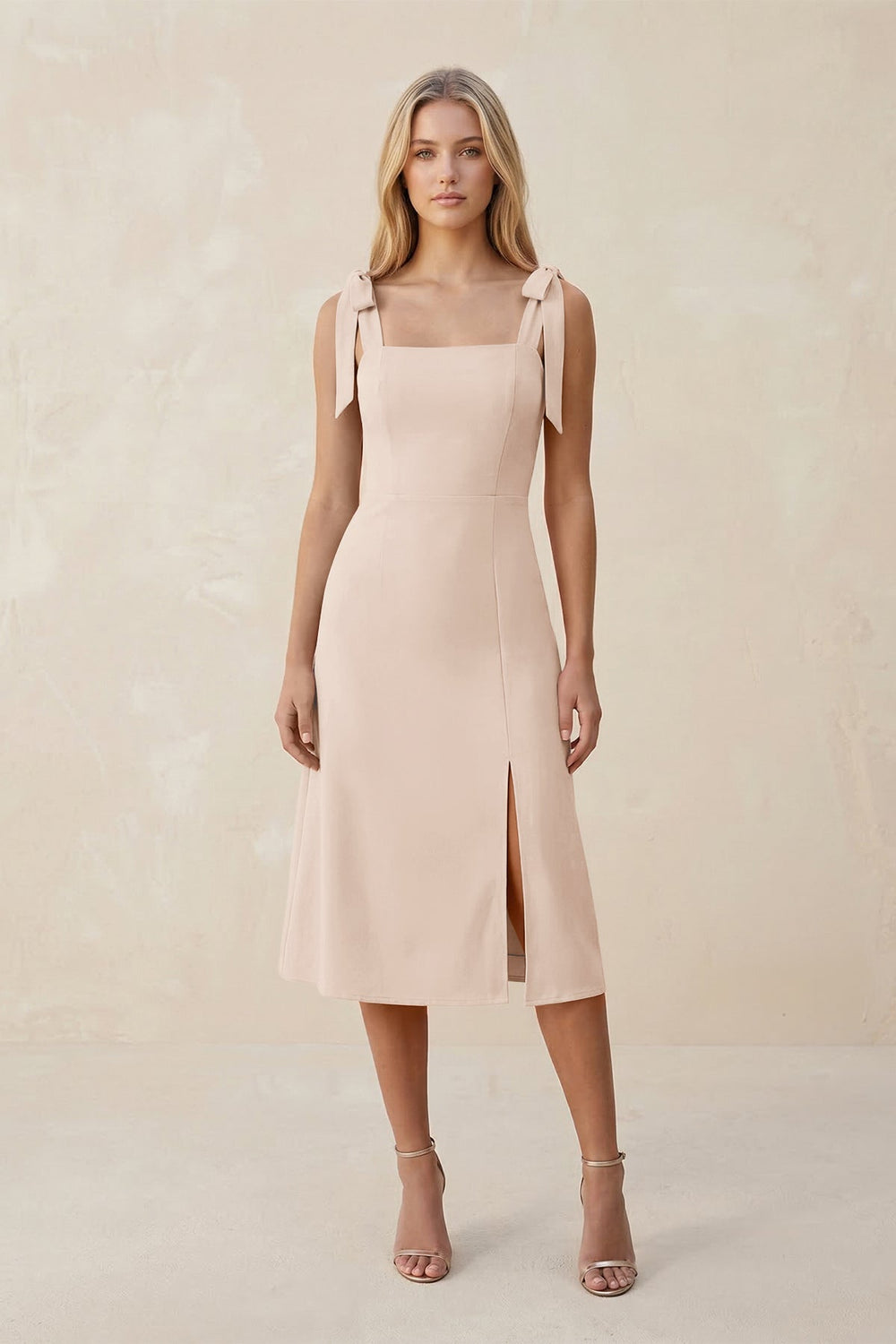 Square Neck A - Line Satin Midi Bridesmaid Dress With Bow in Buttercream - KISS BRIDAL Bridesmaid Dresses