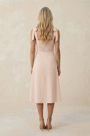 Square Neck A - Line Satin Midi Bridesmaid Dress With Bow in Buttercream - KISS BRIDAL Bridesmaid Dresses