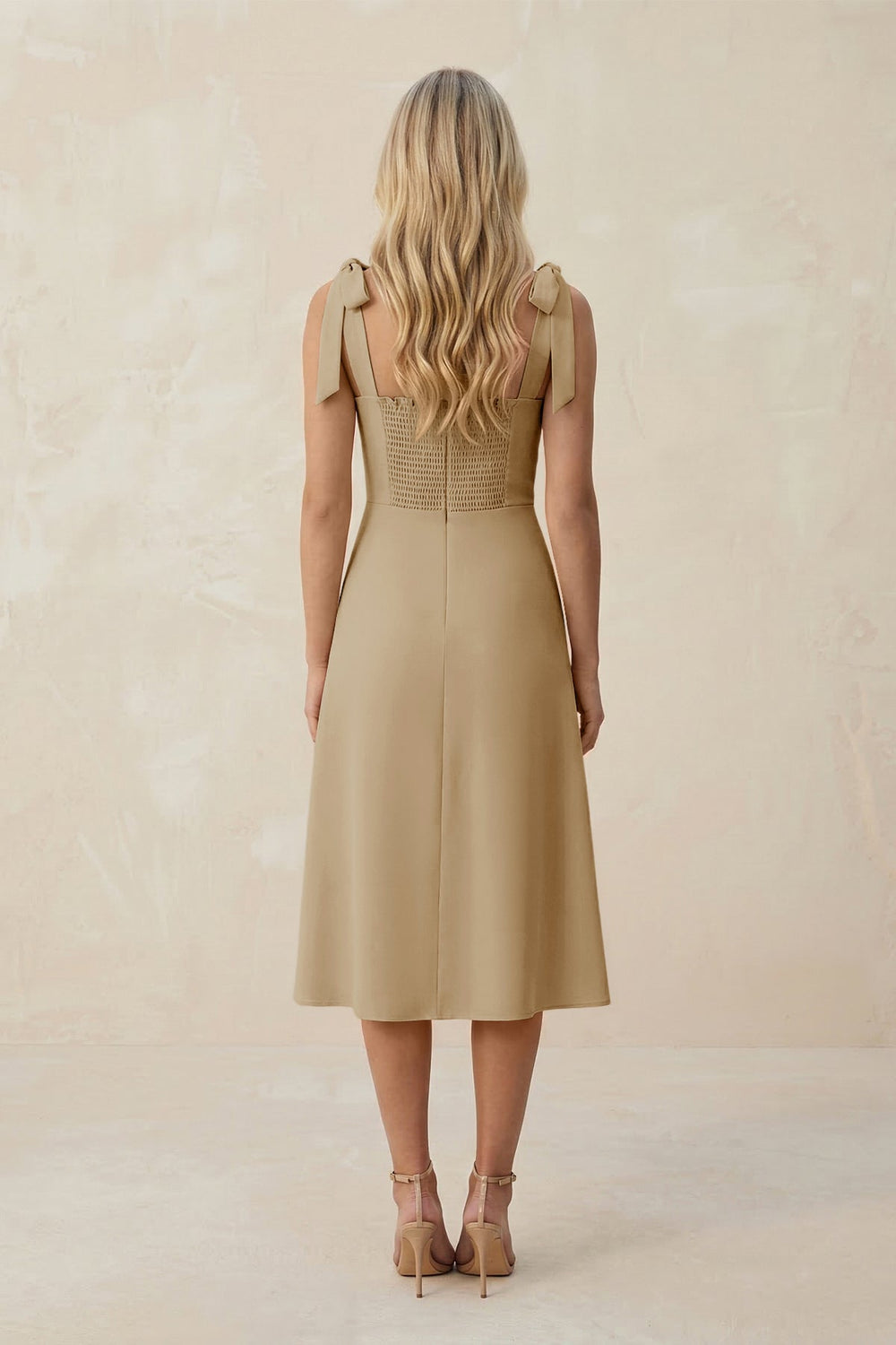 Square Neck A - Line Satin Midi Bridesmaid Dress With Bow in Champagne - KISS BRIDAL Bridesmaid Dresses