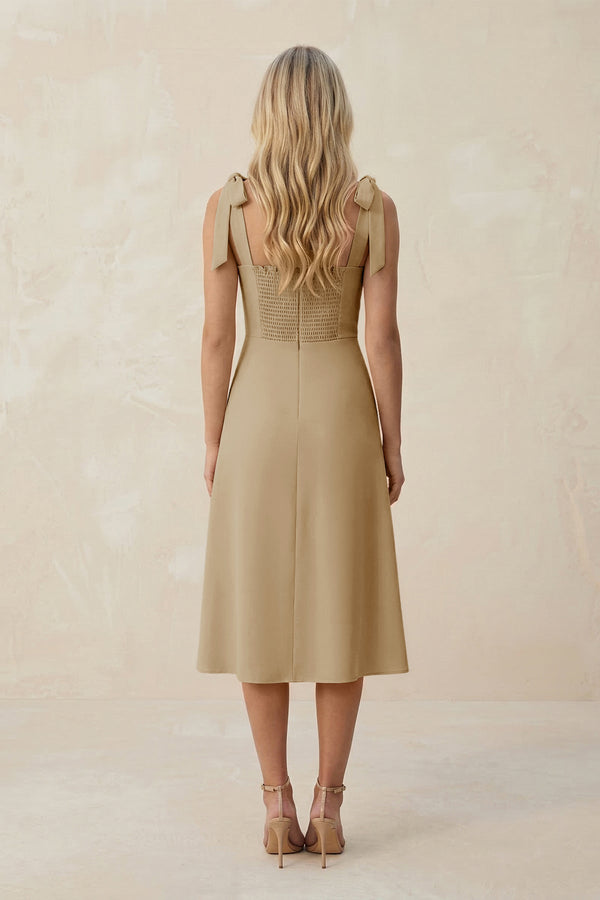 Square Neck A - Line Satin Midi Bridesmaid Dress With Bow in Champagne - KISS BRIDAL Bridesmaid Dresses