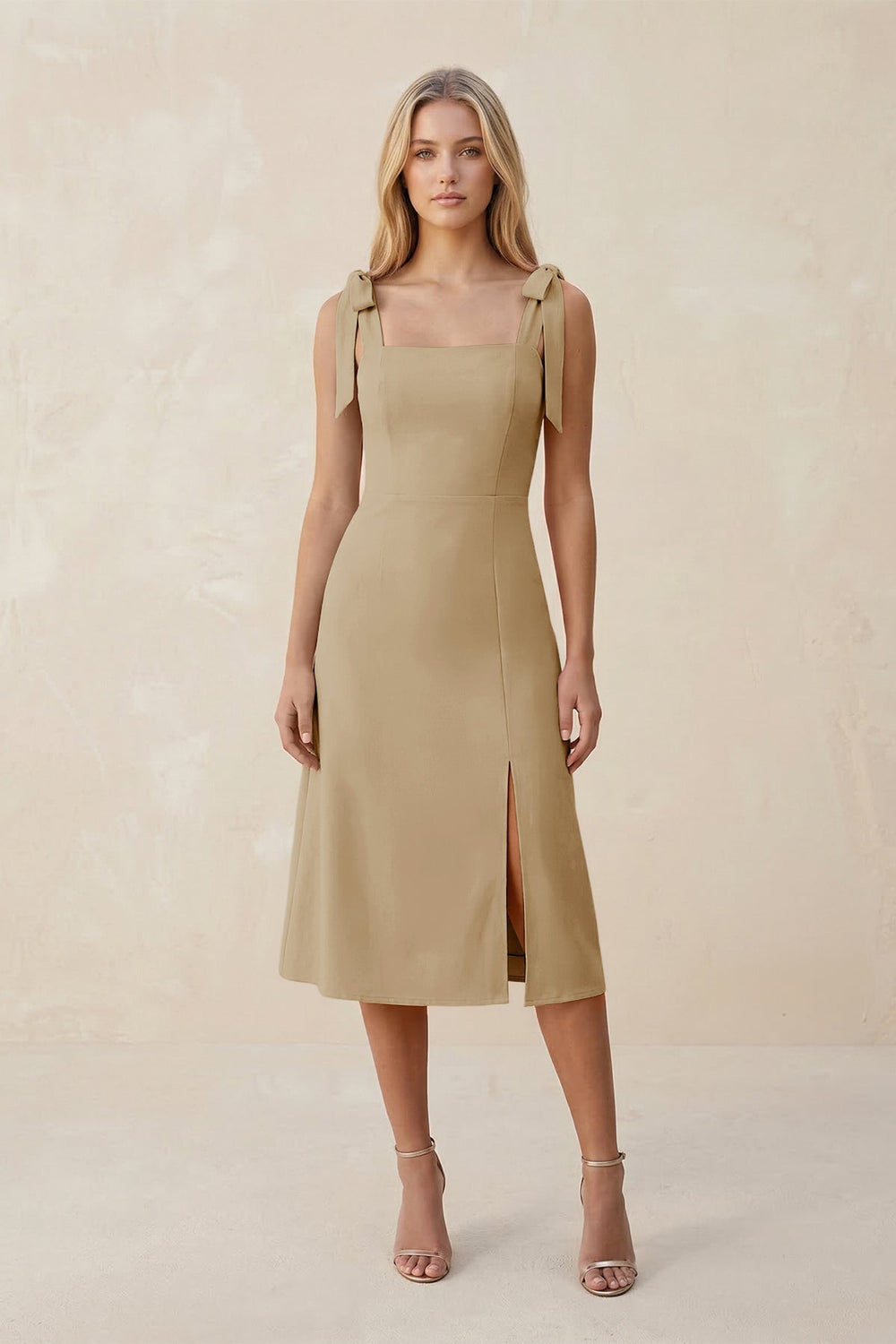 Square Neck A - Line Satin Midi Bridesmaid Dress With Bow in Champagne - KISS BRIDAL Bridesmaid Dresses