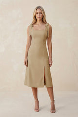 Square Neck A - Line Satin Midi Bridesmaid Dress With Bow in Champagne - KISS BRIDAL Bridesmaid Dresses