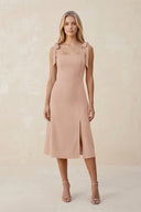 Square Neck A - Line Satin Midi Bridesmaid Dress With Bow in Champagne Rose - KISS BRIDAL Bridesmaid Dresses