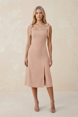 Square Neck A - Line Satin Midi Bridesmaid Dress With Bow in Champagne Rose - KISS BRIDAL Bridesmaid Dresses
