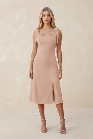 Square Neck A - Line Satin Midi Bridesmaid Dress With Bow in Champagne Rose - KISS BRIDAL Bridesmaid Dresses