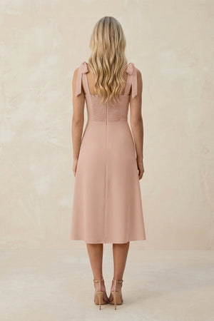 Square Neck A - Line Satin Midi Bridesmaid Dress With Bow in Champagne Rose - KISS BRIDAL Bridesmaid Dresses