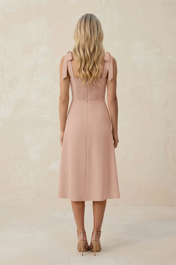 Square Neck A - Line Satin Midi Bridesmaid Dress With Bow in Champagne Rose - KISS BRIDAL Bridesmaid Dresses