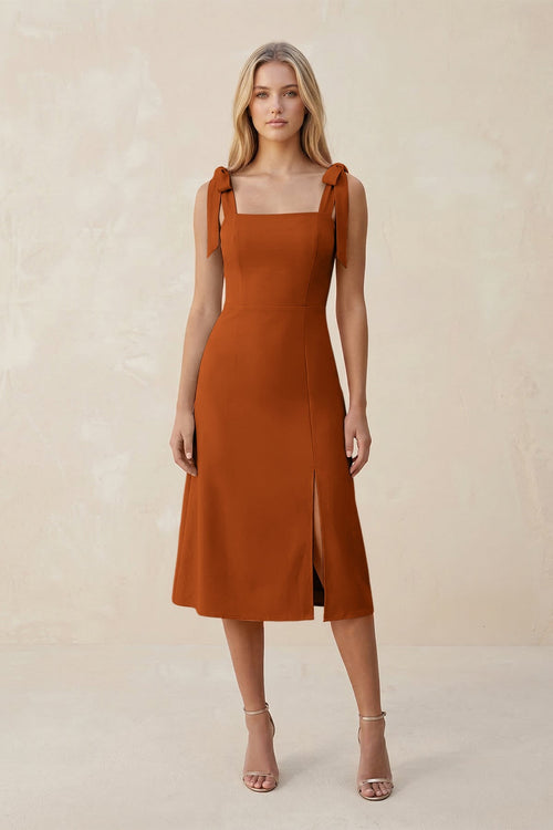 Square Neck A - Line Satin Midi Bridesmaid Dress With Bow in Cinnamon - KISS BRIDAL Bridesmaid Dresses