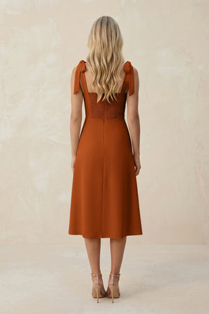 Square Neck A - Line Satin Midi Bridesmaid Dress With Bow in Cinnamon - KISS BRIDAL Bridesmaid Dresses