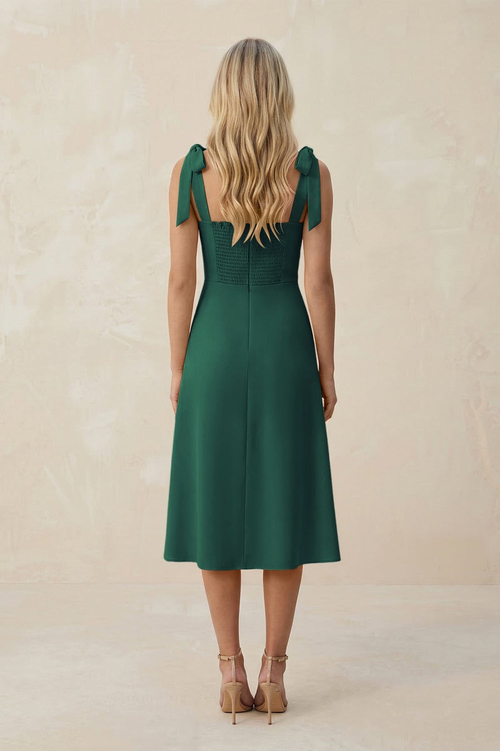 Square Neck A - Line Satin Midi Bridesmaid Dress With Bow in Dark Green - KISS BRIDAL Bridesmaid Dresses