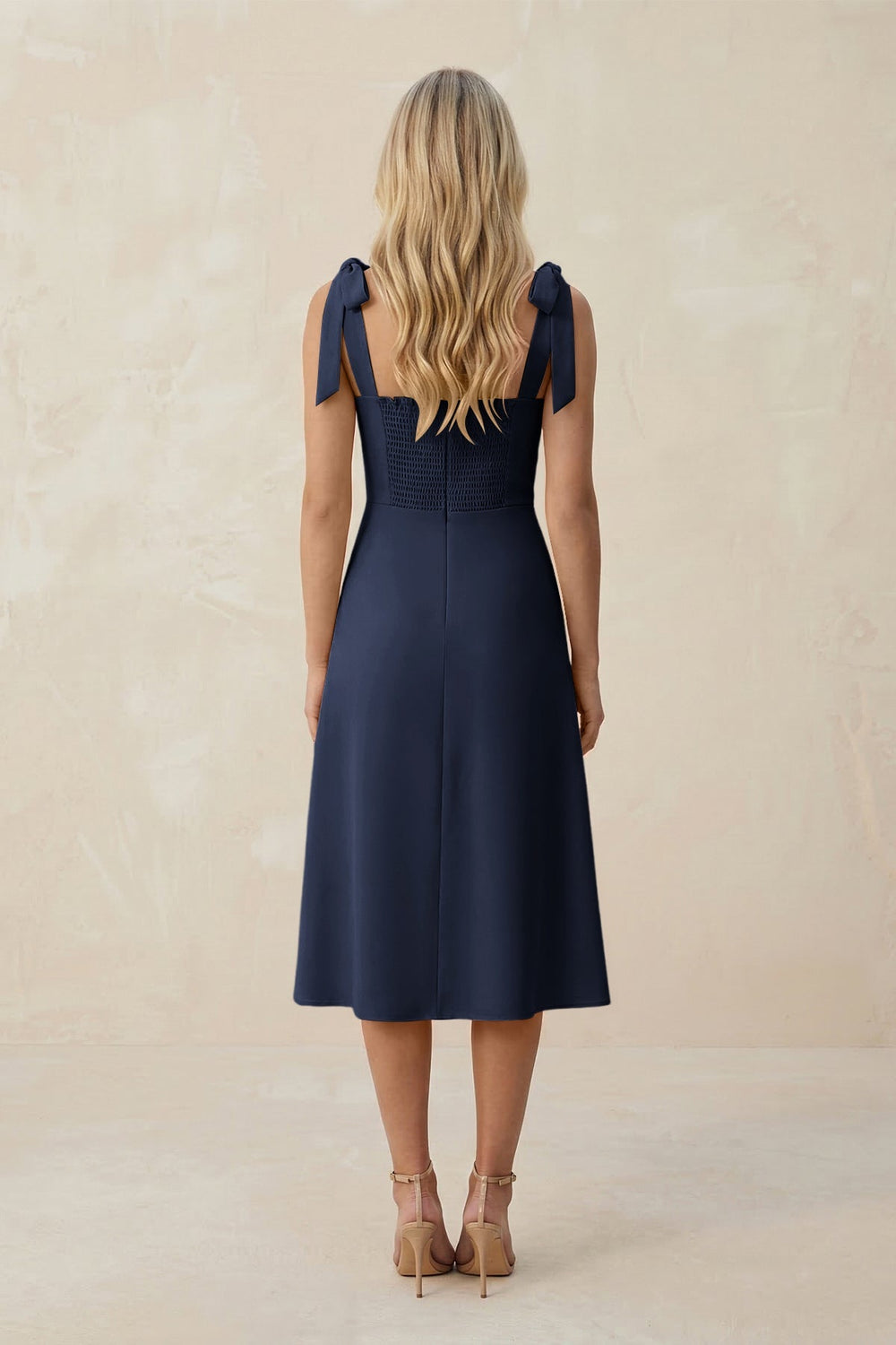 Square Neck A - Line Satin Midi Bridesmaid Dress With Bow in Dark Navy - KISS BRIDAL Bridesmaid Dresses