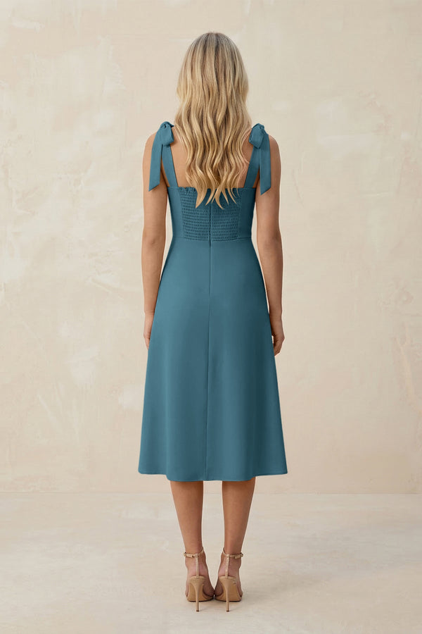 Square Neck A - Line Satin Midi Bridesmaid Dress With Bow in Dark Teal - KISS BRIDAL Bridesmaid Dresses