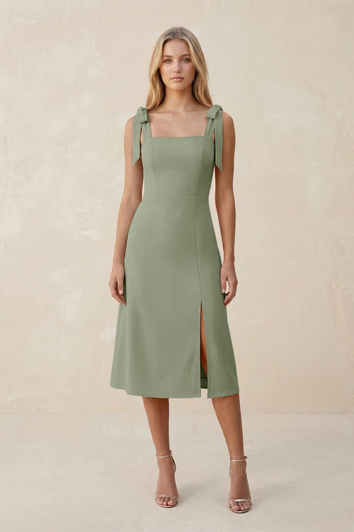 Square Neck A - Line Satin Midi Bridesmaid Dress With Bow in Dove Gray - KISS BRIDAL Bridesmaid Dresses
