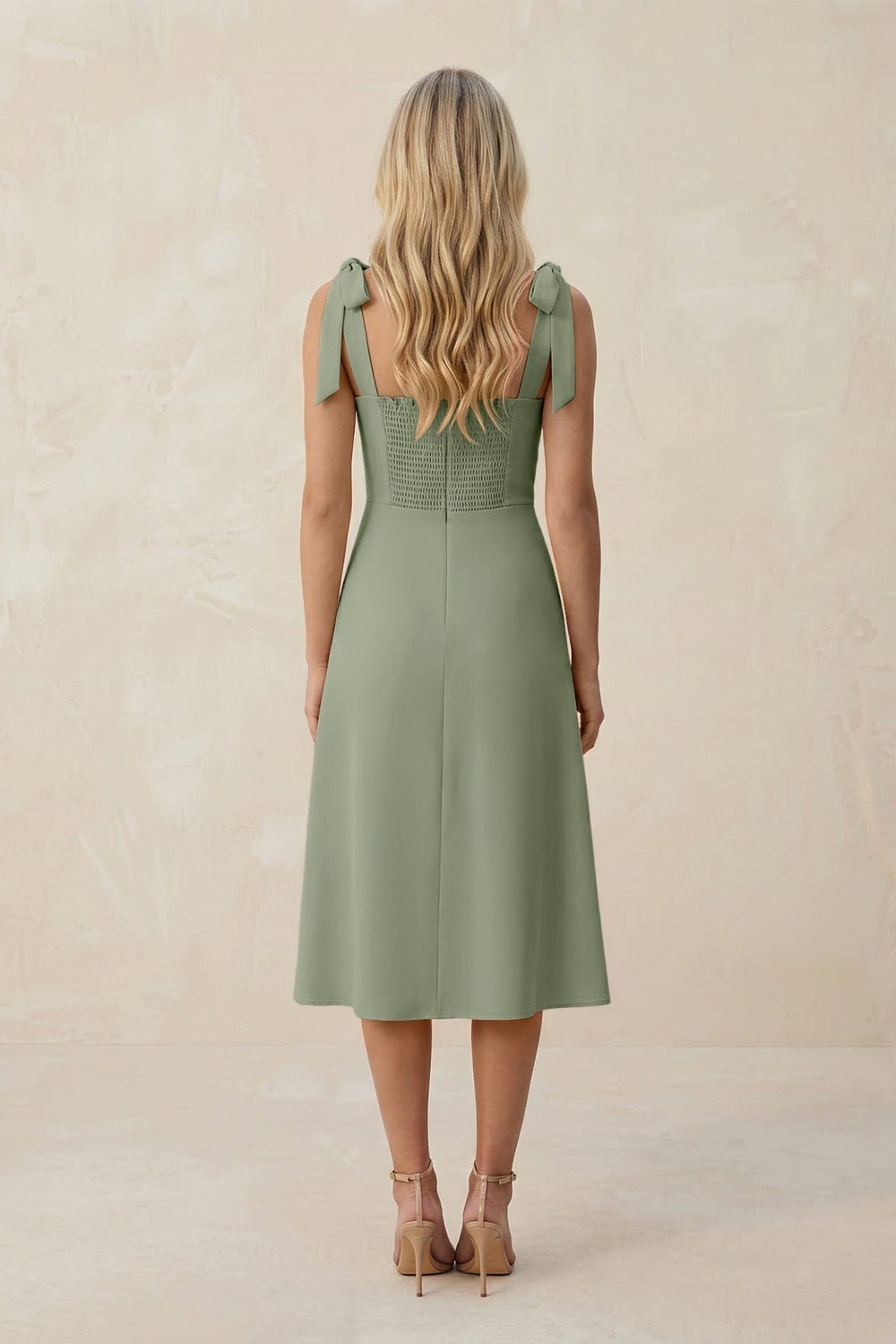 Square Neck A - Line Satin Midi Bridesmaid Dress With Bow in Dove Gray - KISS BRIDAL Bridesmaid Dresses