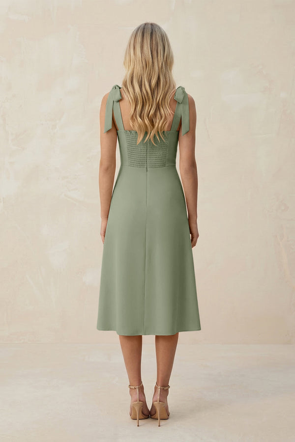 Square Neck A - Line Satin Midi Bridesmaid Dress With Bow in Dove Gray - KISS BRIDAL Bridesmaid Dresses