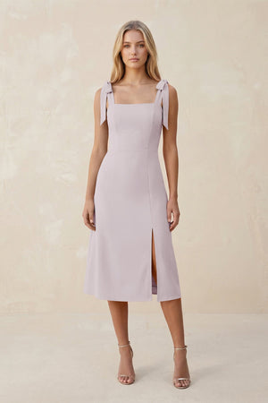 Square Neck A - Line Satin Midi Bridesmaid Dress With Bow in Dusk - KISS BRIDAL Bridesmaid Dresses
