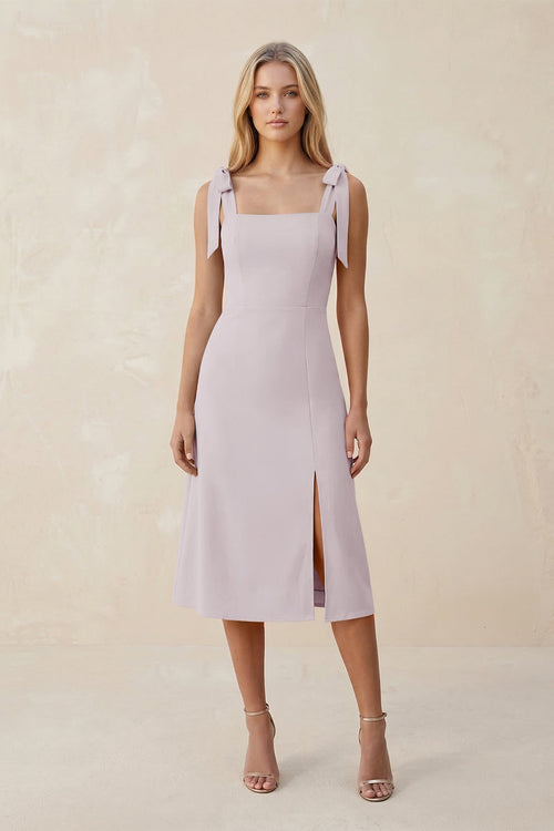 Square Neck A - Line Satin Midi Bridesmaid Dress With Bow in Dusk - KISS BRIDAL Bridesmaid Dresses