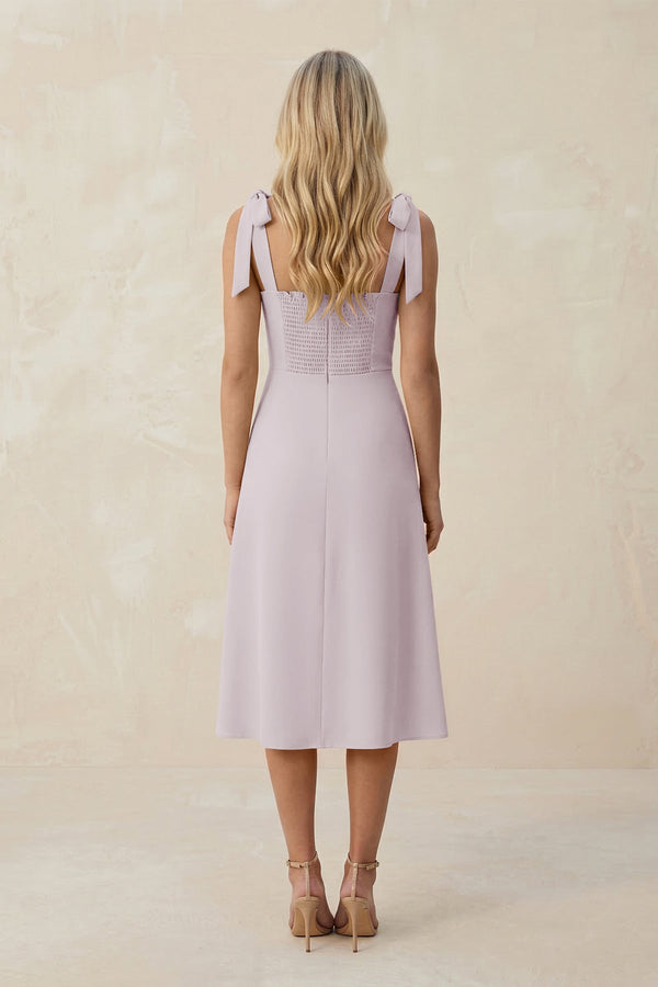 Square Neck A - Line Satin Midi Bridesmaid Dress With Bow in Dusk - KISS BRIDAL Bridesmaid Dresses