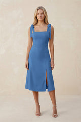 Square Neck A - Line Satin Midi Bridesmaid Dress With Bow in Dusty Blue - KISS BRIDAL Bridesmaid Dresses